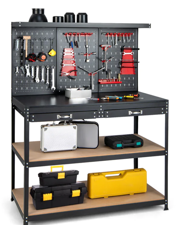 48 Inch Workbench with Pegboard and Drawers-Black, Fully Assembled