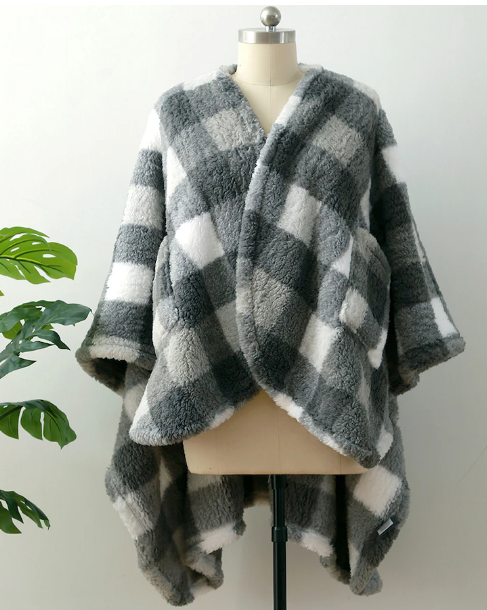 Berkshire Blanket Buffalo Plaid Double-Sided Cape, grey /black print