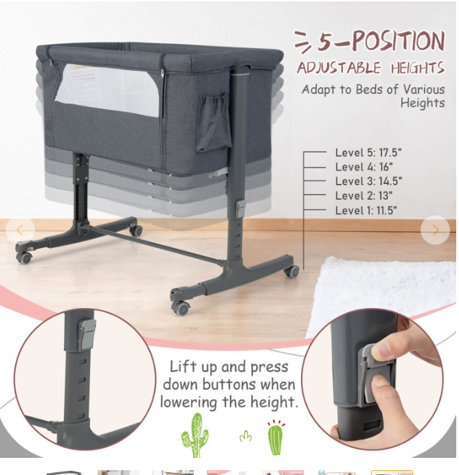 Portable Baby Bedside Bassinet with 5-level Adjustable Heights, fully assembled