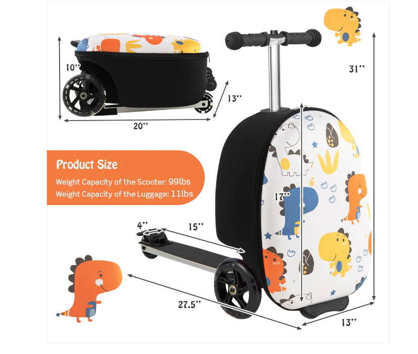 Hardshell Ride-on Suitcase Scooter with LED Flashing Wheels-Black & White