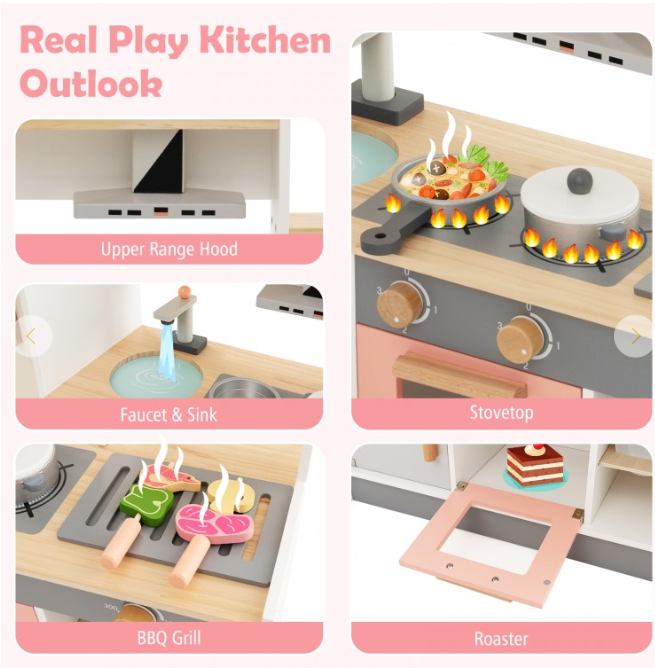 Kids Play Kitchen Set with Realistic Range Hood and Refrigerator, 1 box, unassembled