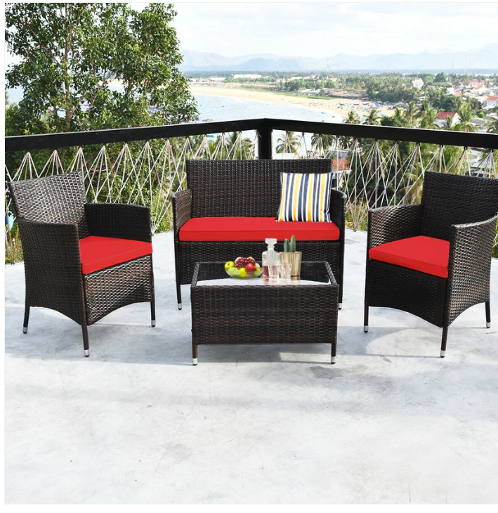 4 Pieces Comfortable Rattan Outdoor Furniture Set with Glass Table-Red - (Fully Assembled)