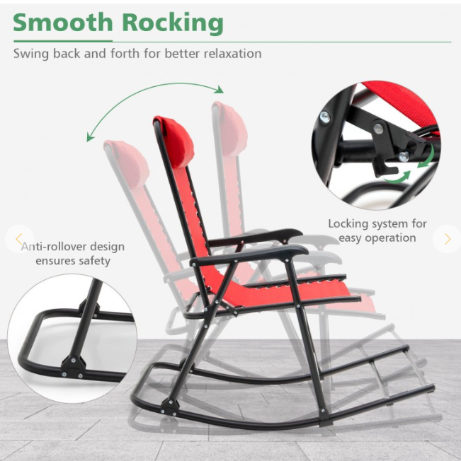 Metal Outdoor Rocking Chair Folding Rocker Footrest Lightweight Outdoor, Red
