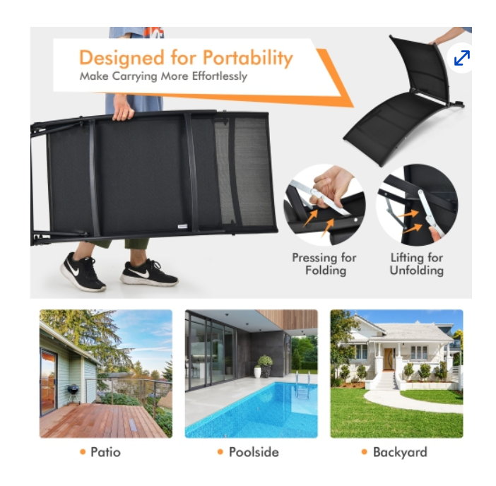2 PCS SET, Patio Folding Chaise Lounge, adjustable Stackable, Black