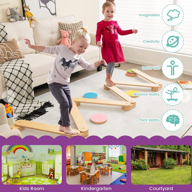 12-Piece Kids Wooden Balance Beam with Colorful Steeping Stones