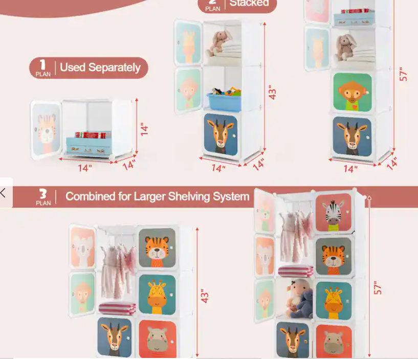 8-Cube Kids Wardrobe Baby Dresser Clothes Hanging Closet with Doors, 1 box, unassembled