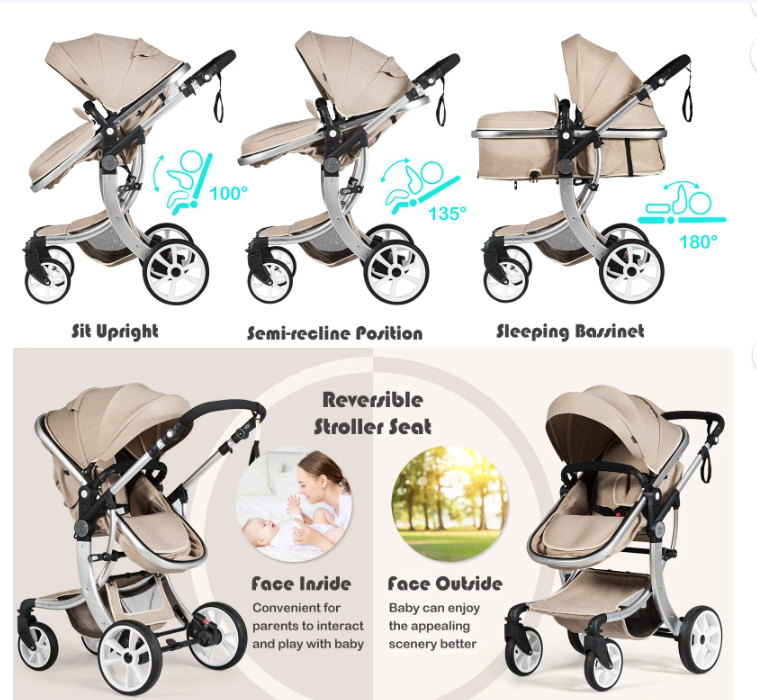 Babyjoy High Landscape Stroller 2-in-1 Foldable for Infant with Reversible Seat Beige