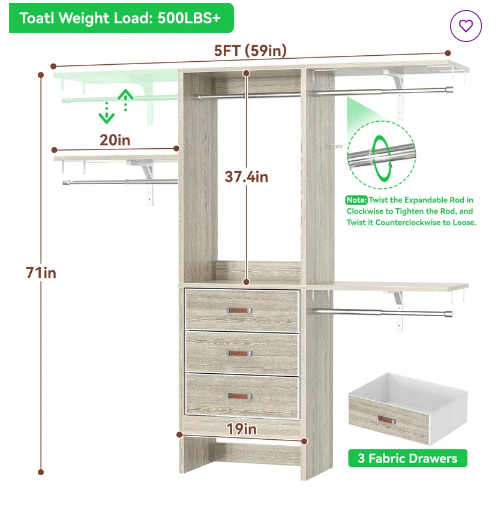 Nakada 60" W Closet System - (1 box, Assembly Required)
