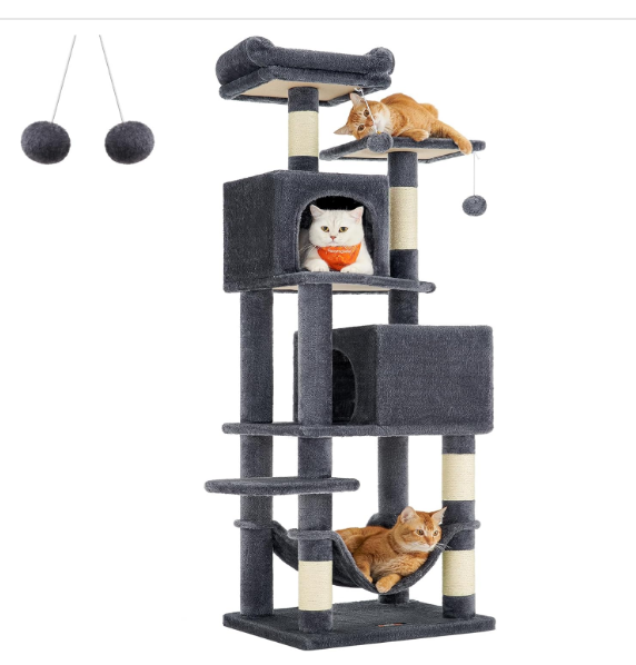 Fully Assembled, Cat Condo, cat tree, 61-Inch Cat Tower with 5 Scratching Posts, 2 Perches, 2 Caves, Hammock, 2 Pompoms, Light Gray UPCT192W01