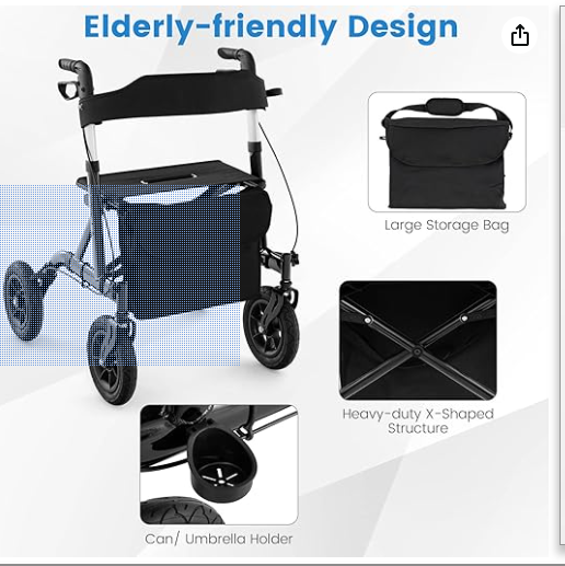 NO TAX, Height Adjustable Rollator Walker Foldable Rolling Walker with Seat for Seniors-Black