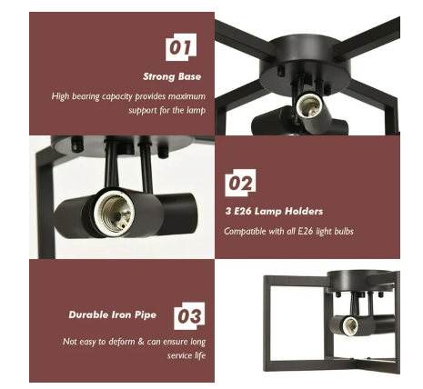 3-Lights Flush Mount Geometric Metal Ceiling Lamp w/ Iron Square Lamp Shade