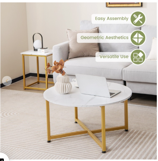 2-Piece Coffee Table Set Round Coffee Table and Square End Tables-White/Gold (Fully Assembled)