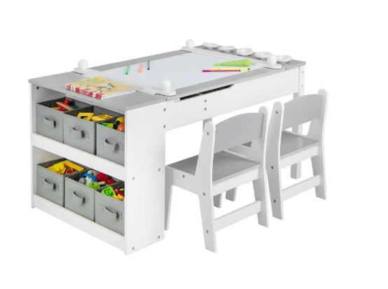 2-in-1 Kids Wooden Art Table and Art Easel Set with Chairs Storage Bins, Gray (1 Box, Unassembled)