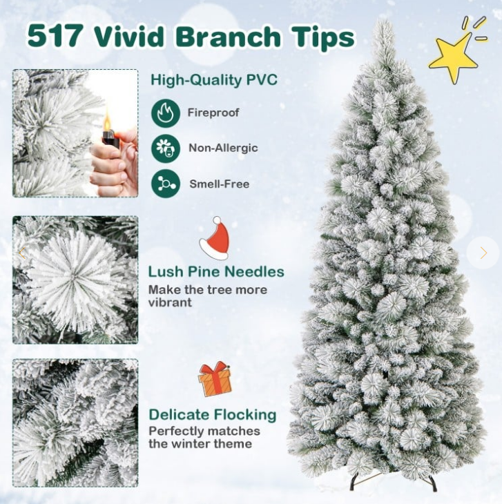 6 Feet Pull Up, Flocked Christmas Tree with Pine Needles and LED Lights