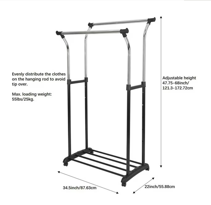 Double Rod Portable Garment Rack, FULLY ASSEMBLED