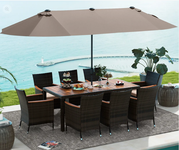 15 ft Patio Umbrella, with base, lights, and sandbags, Tan, table not included
