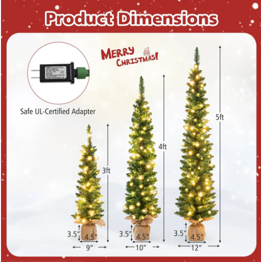 Set of 3, Pre-Lit Pencil Artificial Christmas Trees with 415 Green Branch Tips, Green, ASSEMBLED, FINAL SALE