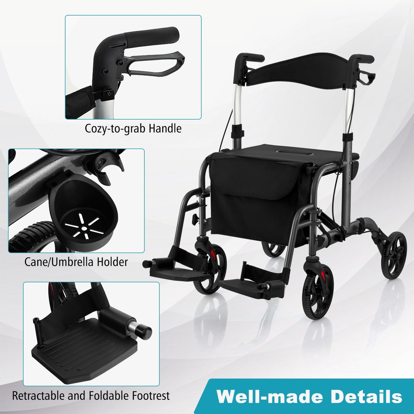 2-in-1 Adjustable Folding Handle Rollator Walker with Storage Space-Black