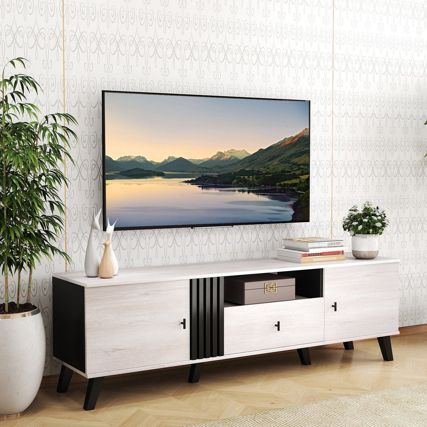 Mid Century Modern TV Stand Entertainment Center for 80" TVs. Fully assembled