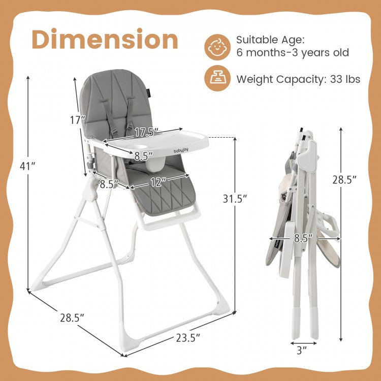Easy Clean Compact Highchair with Removable Adjustable Tray and PU Grey Seat Cushion