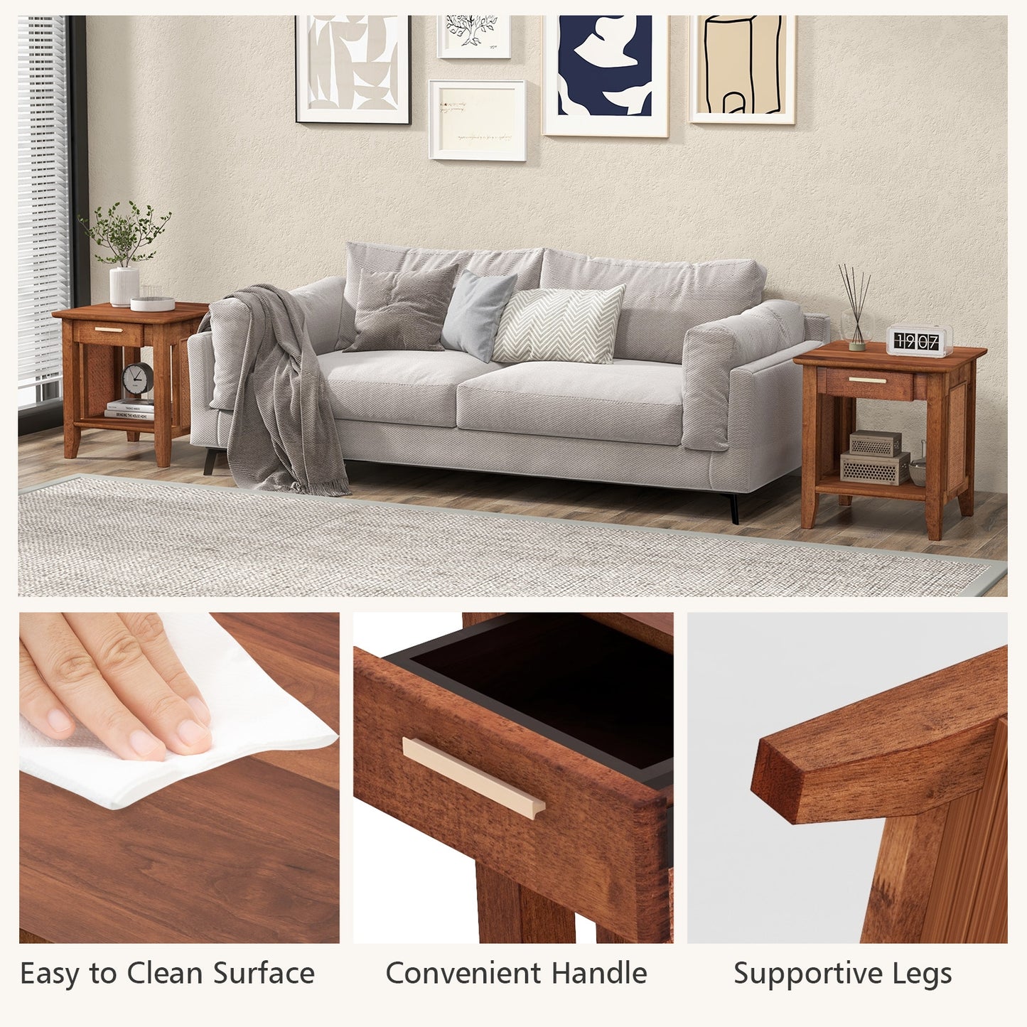 Rattan Nightstand End Table with Drawer and Storage Shelf-Walnut, FULLY ASSSEMBLED