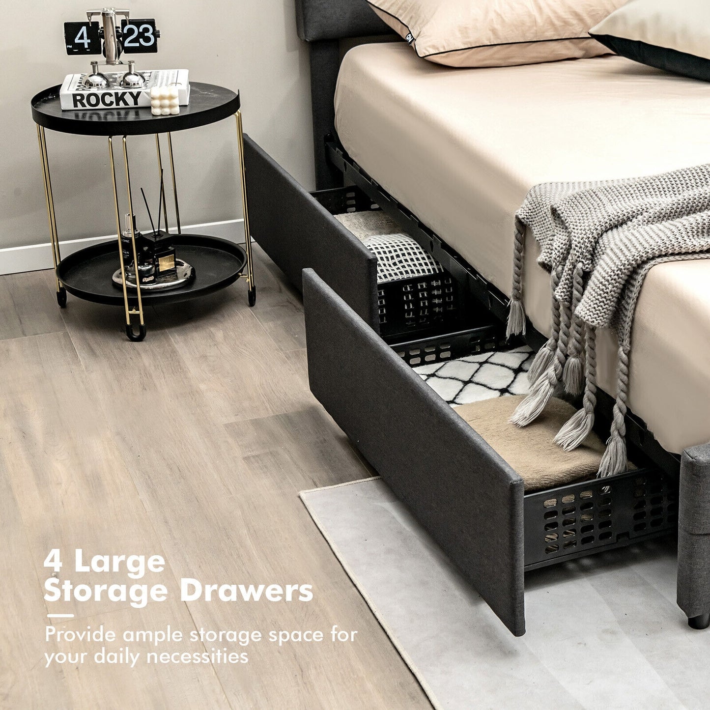 Special - Upholstered Queen LED Bed Frame with Headboard and 4 Drawers - (1 Box)