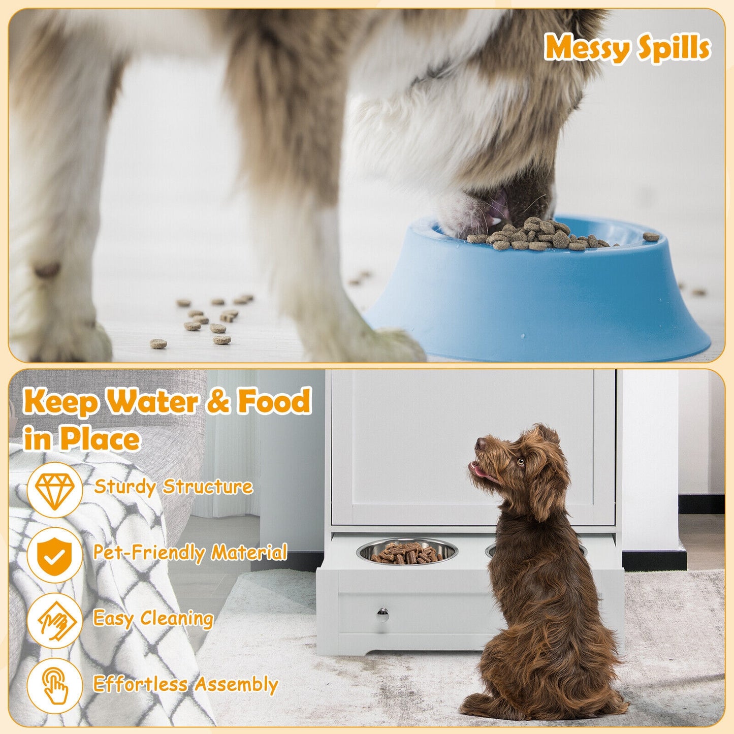 Pet Feeder Station with Stainless Steel Bowl-White (Fully Assembled)