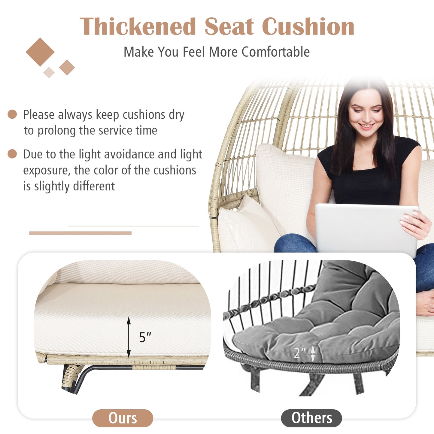 Fully Assembled, Oversized Patio Rattan Egg Lounge Chair with 4 Cushions-2 Toned, please see in store images