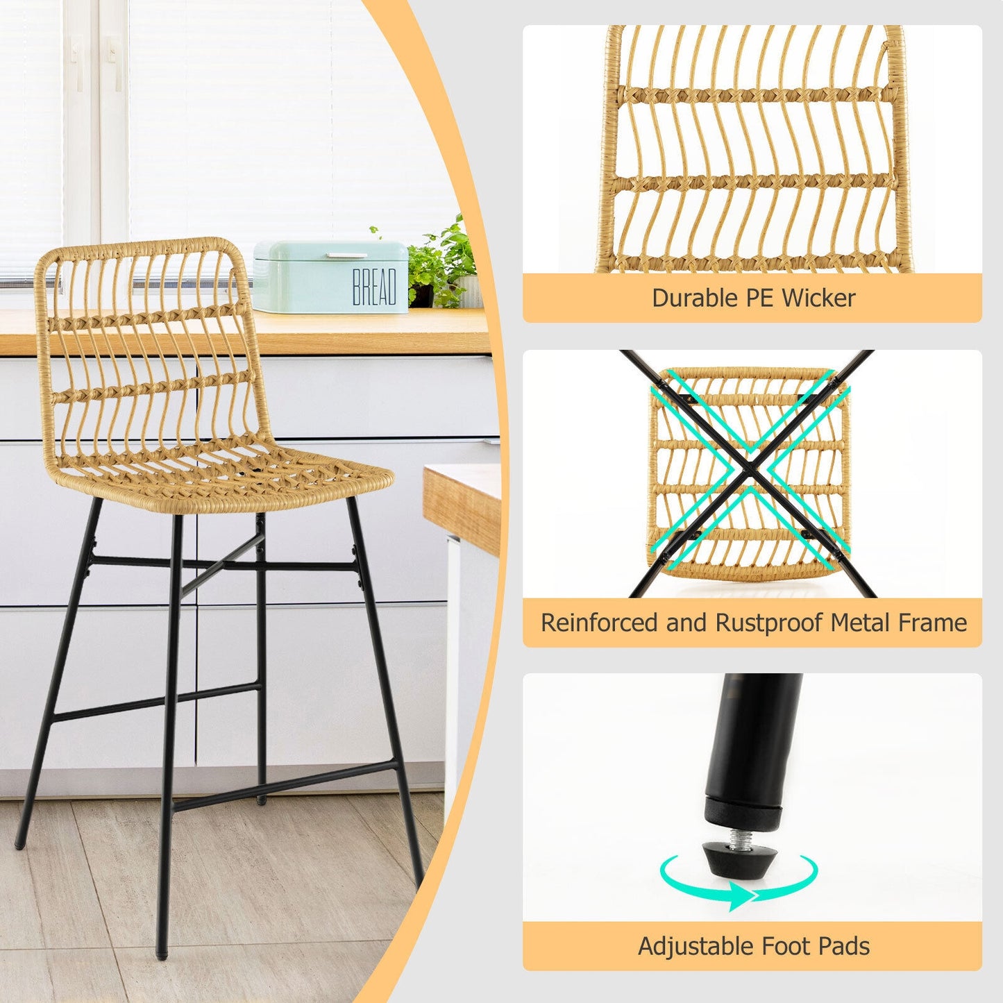 Set of 2, Rattan Bar Stools with Sturdy Metal Frame- Natural Rattan