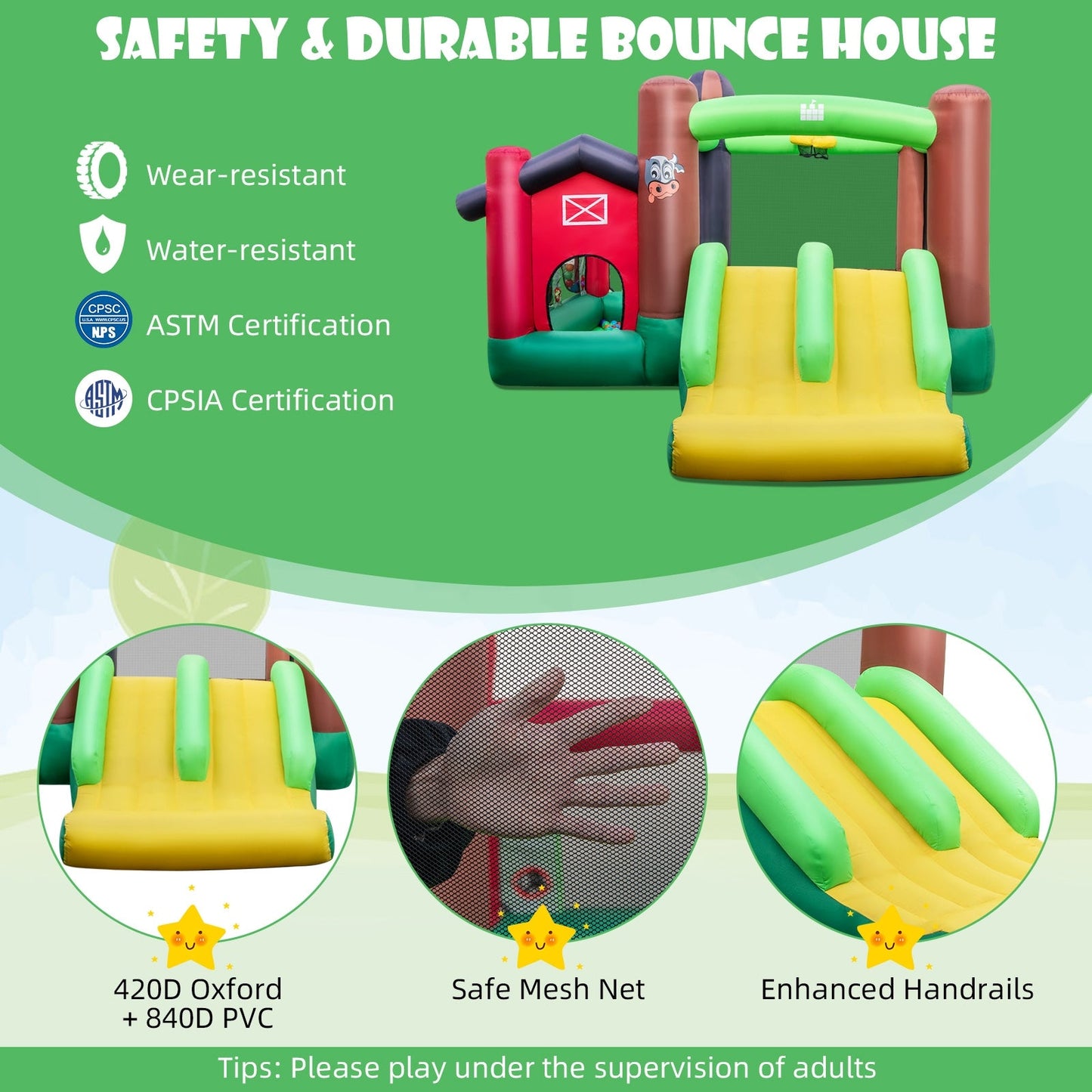 6-in-1 Inflatable Bounce House with Double Slides, Blower not included