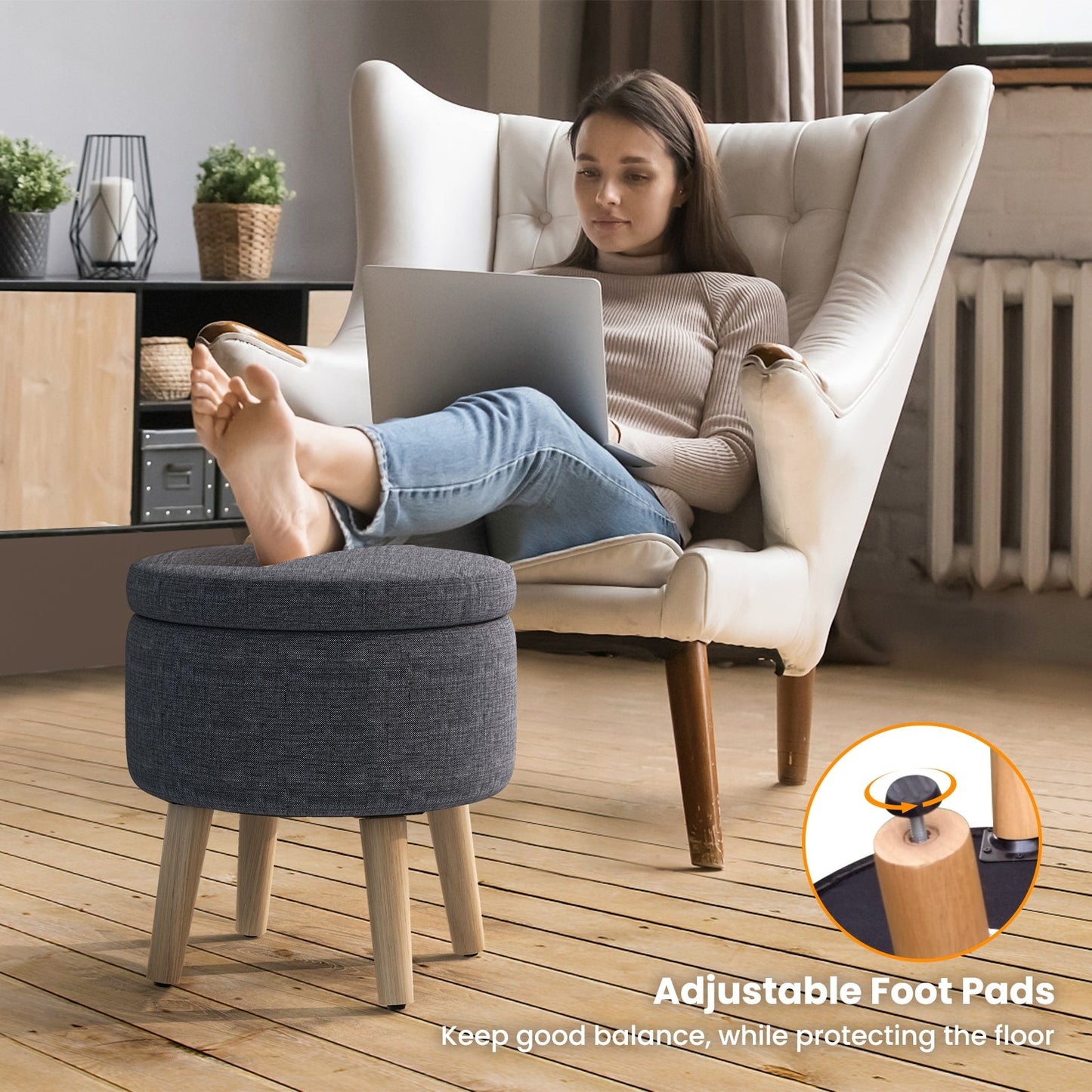 Round Storage Ottoman with Rubber Wood Legs and Adjustable Foot Pads-Gray