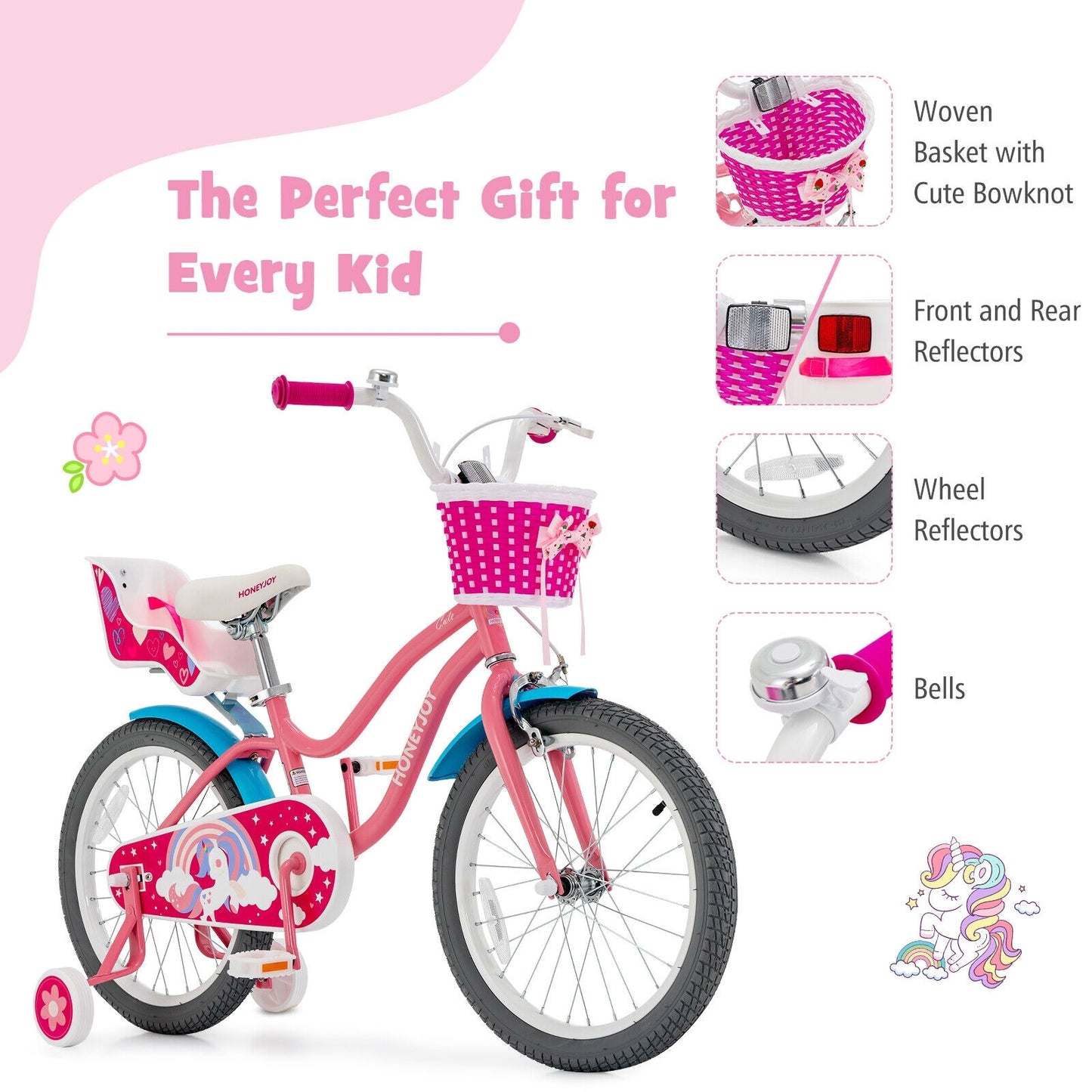 18``Kids Bicycle with Training Wheels and Basket - Pink
