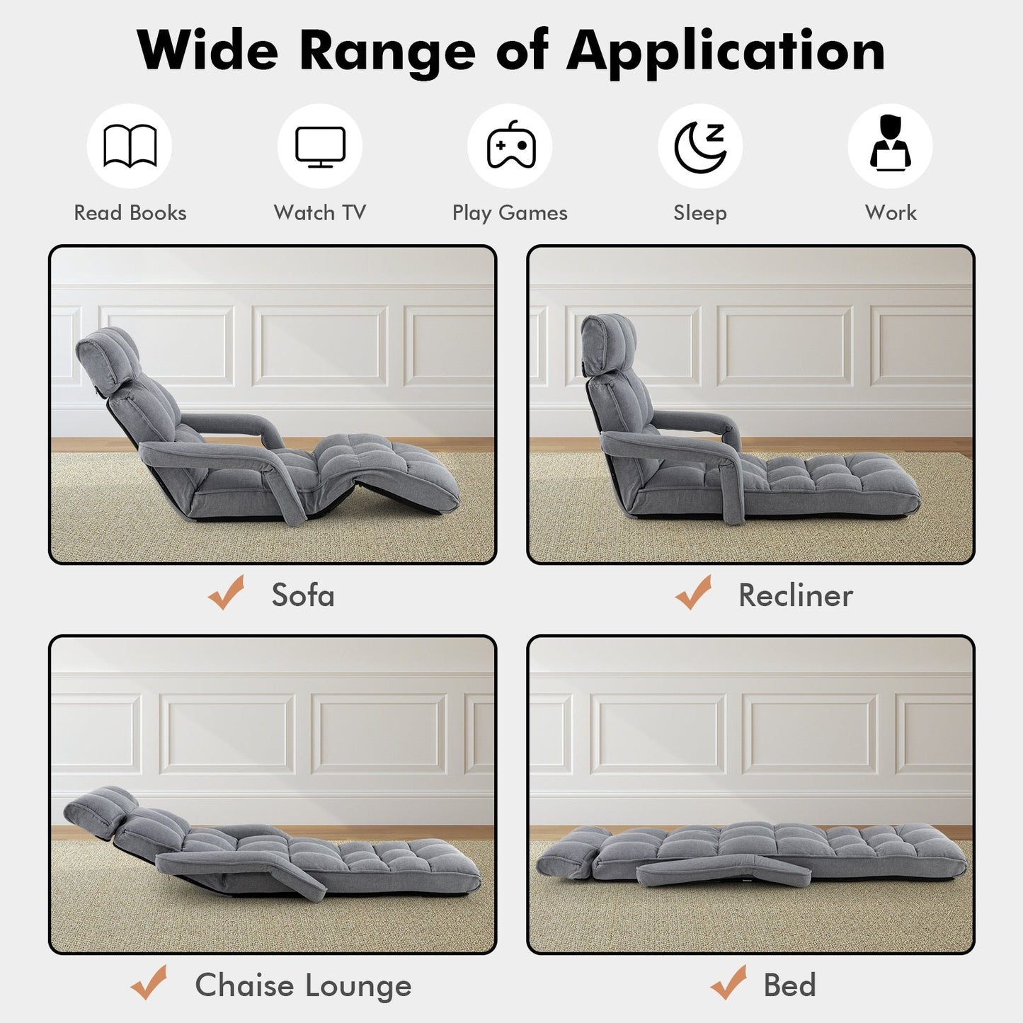 6-Position Adjustable Floor Chair with Adjustable Armrests and Footrest-Gray