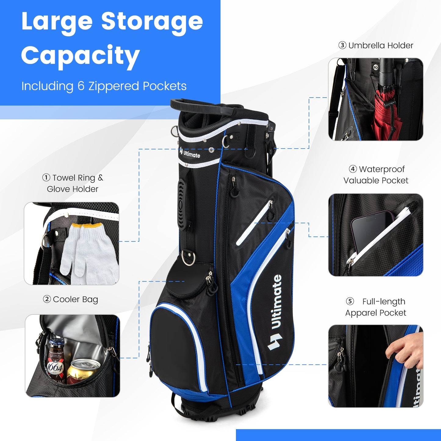 Lightweight Golf Stand Bag with 14 Way Top Dividers and 6 Pockets-Blue