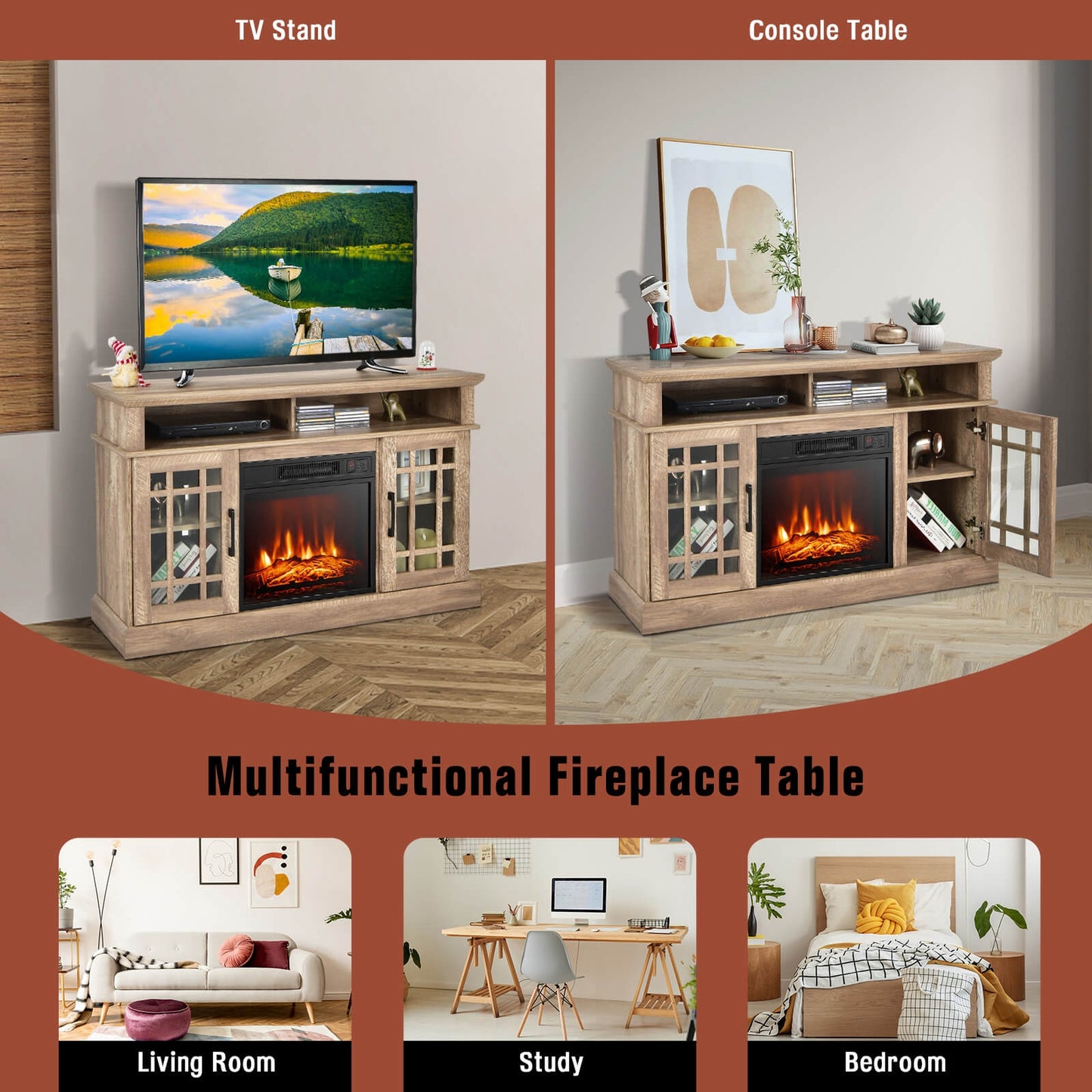 48 Inch Electric Fireplace TV Stand with Cabinets for TVs Up to 55 Inch-Natural*fully assembled*