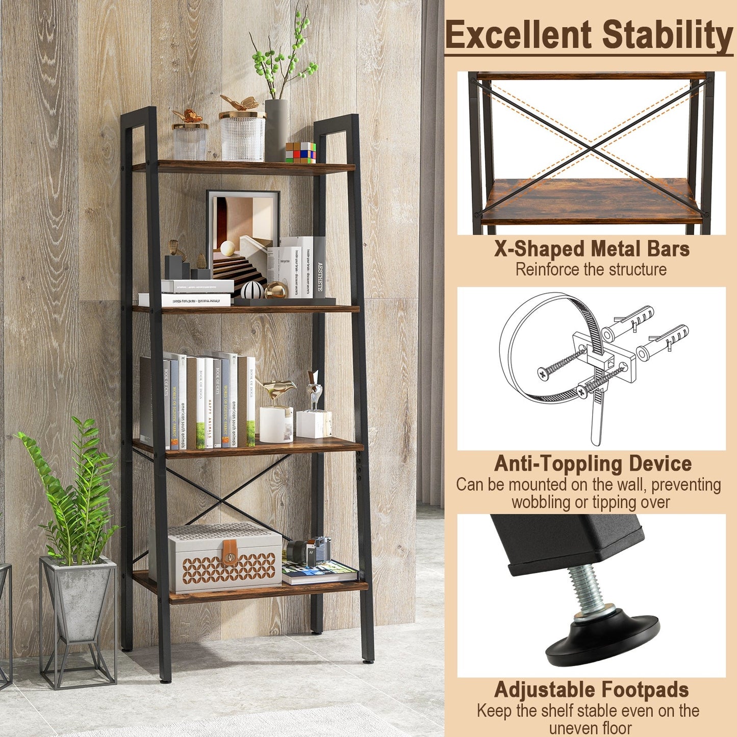 4-Tier Bookshelf with Metal Frame and Adjustable Foot Pads-Rustic Brown, Fully Assembled