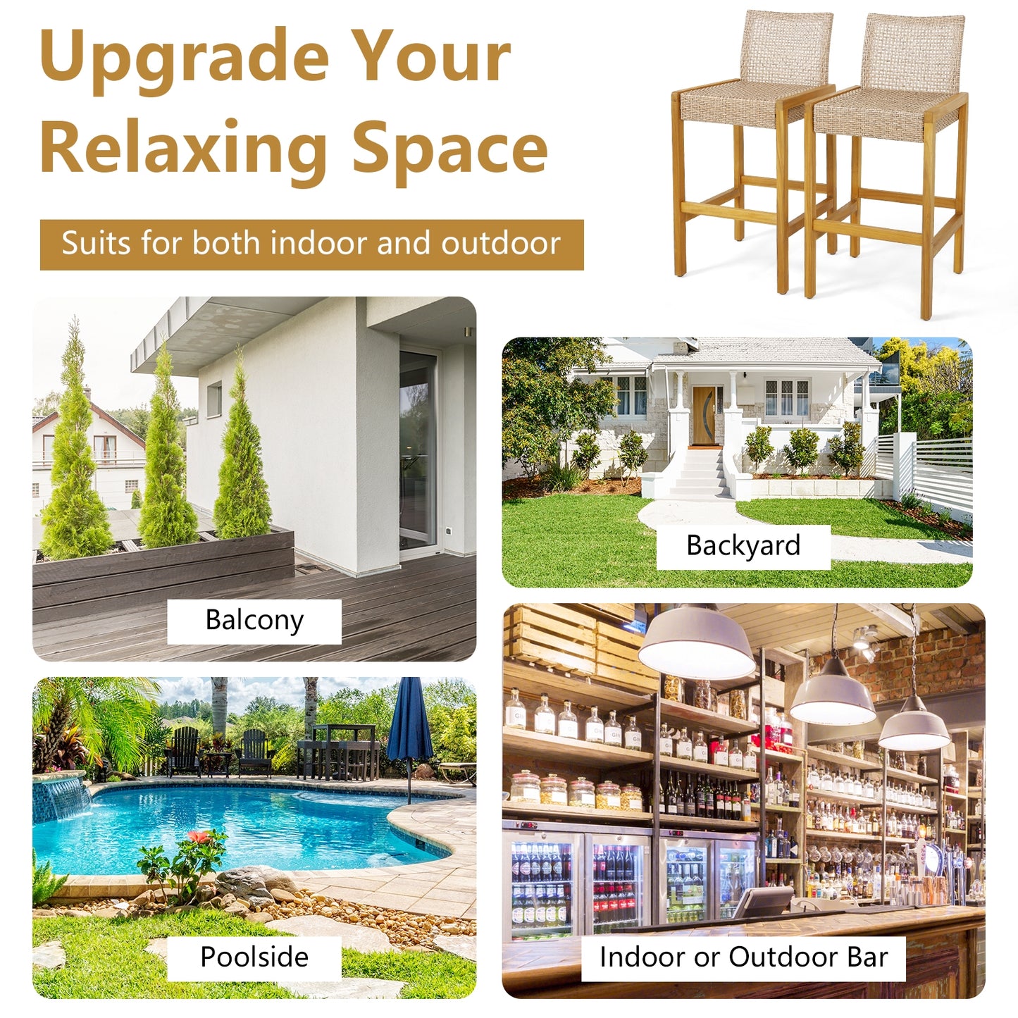 Set of 2 Rattan Patio Wood Barstools Dining Chairs with Backrest