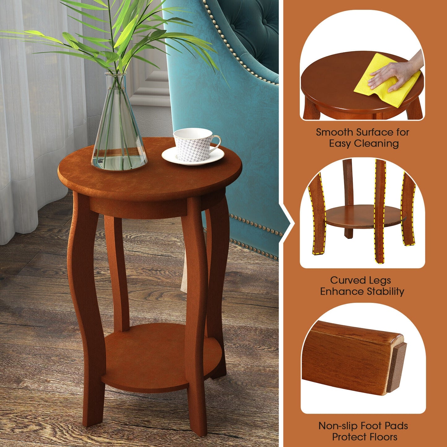 15 Inch 2-Tier Round End Table with Storage Shelf-Walnut