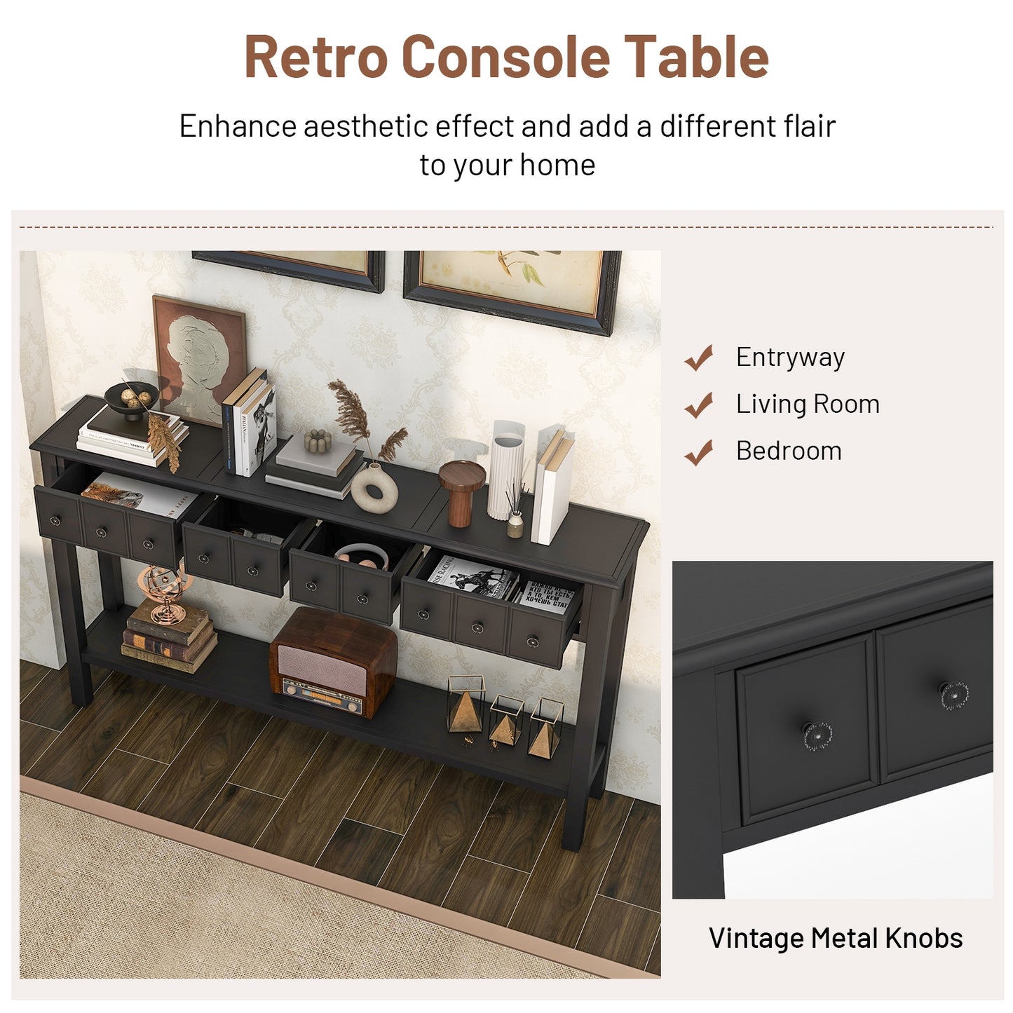 60 Inch Long Sofa Table with 4 Drawers and Open Shelf for Living Room-Black (Fully Assembled)