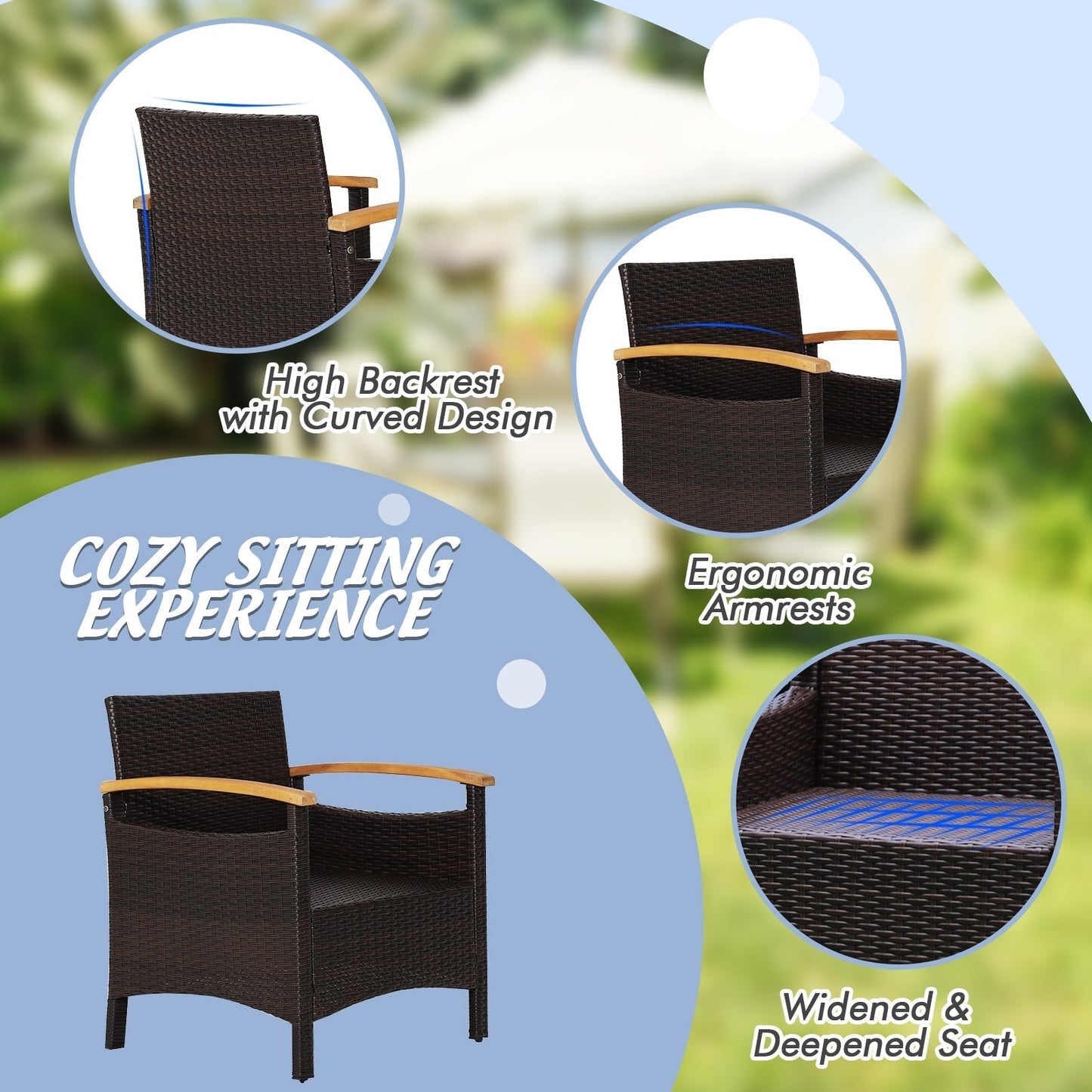 3 Pieces Patio Rattan Furniture Set with Removable Cushion-Navy - Unassembled (1 Box)
