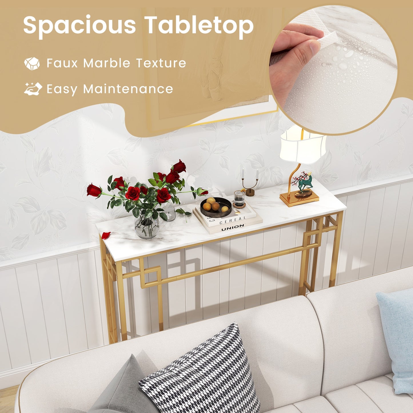 Modern Console Table with Geometric Frame and Faux Marble Tabletop-White, Fully Assembled