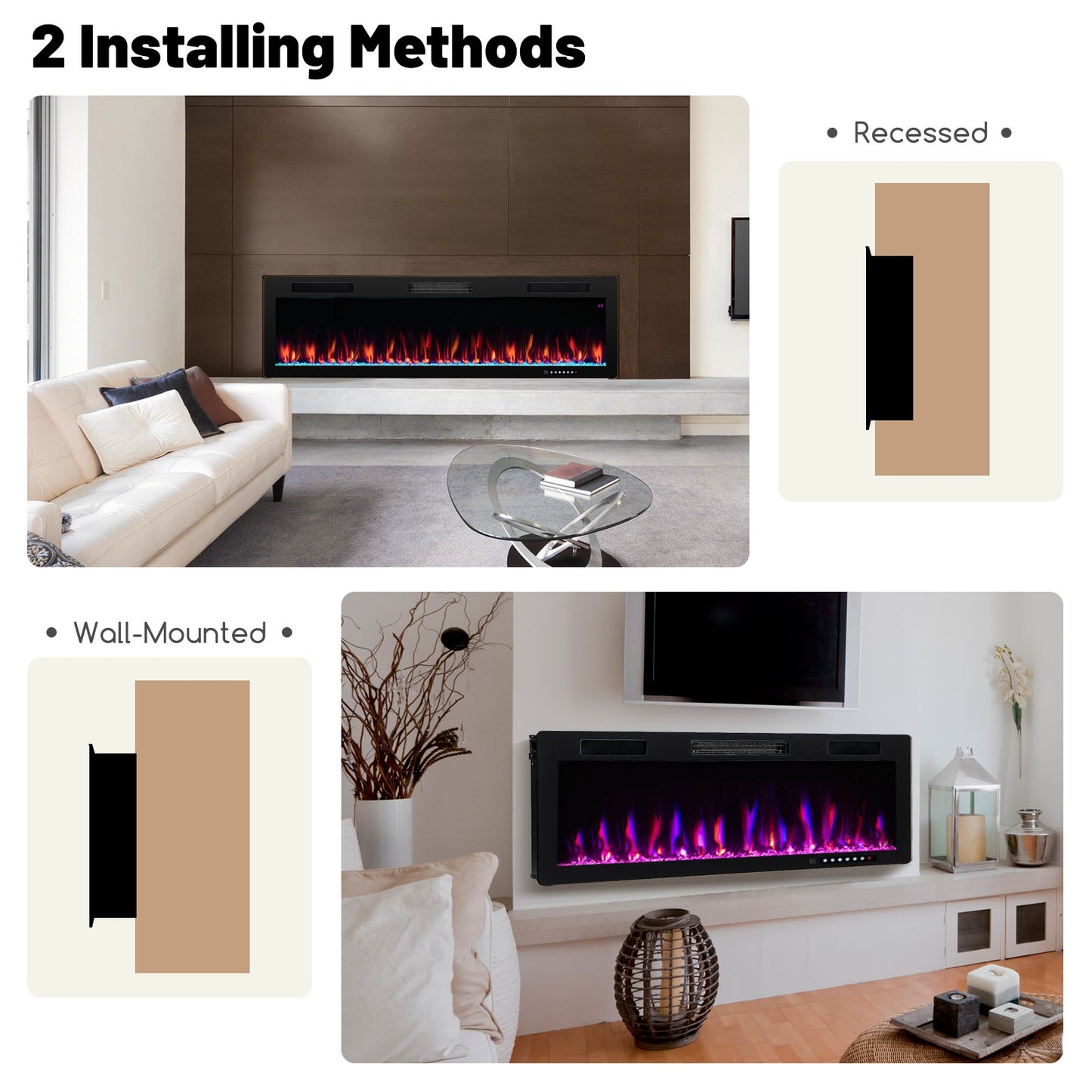 Electric Fireplace 60 Inches Recessed and Wall Mounted with cleat mount-60 inches