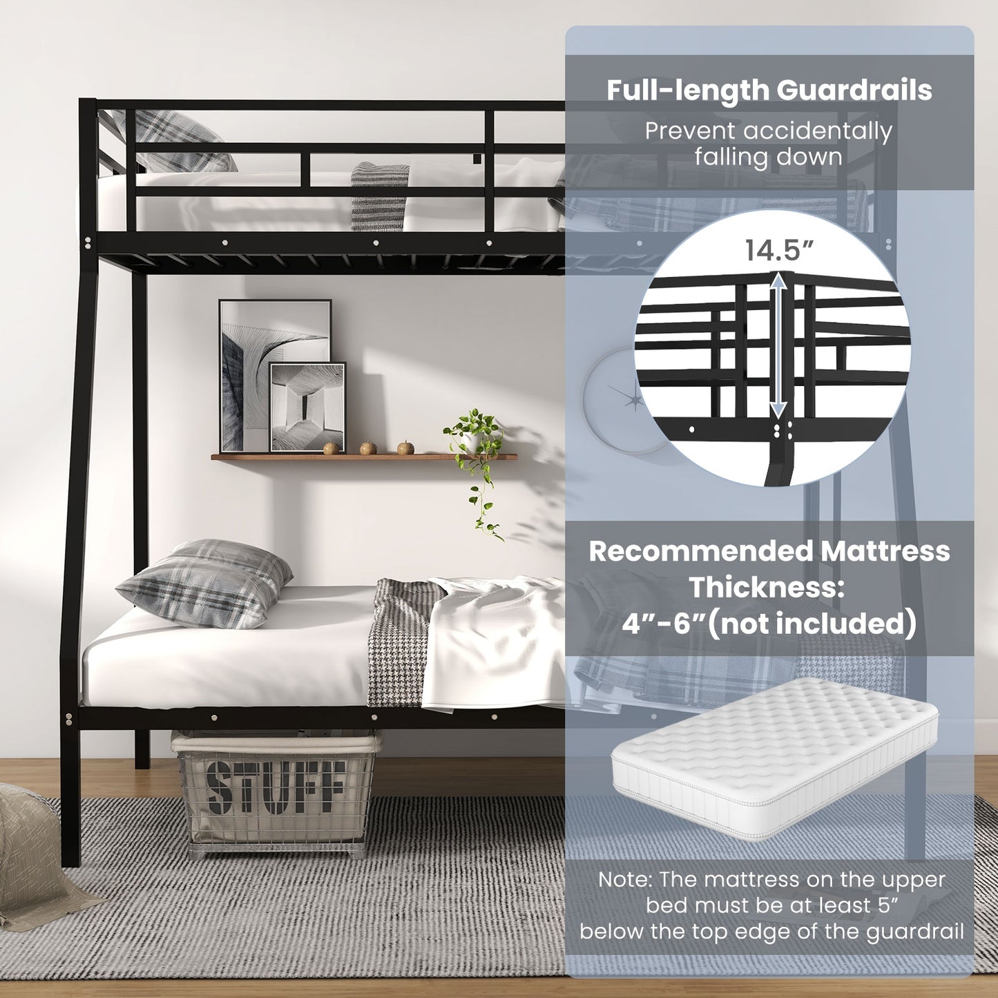 SPECIAL - Twin over Full bunk bed, No Box Spring Needed-Black, (1 box, Unassembled)