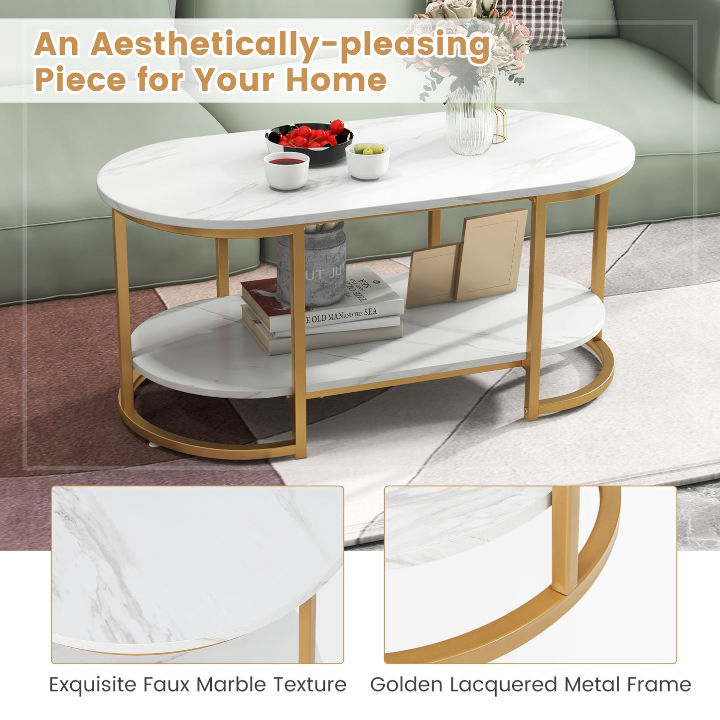 Marble Coffee Table with Open Storage Shelf-White - Fully Assembled