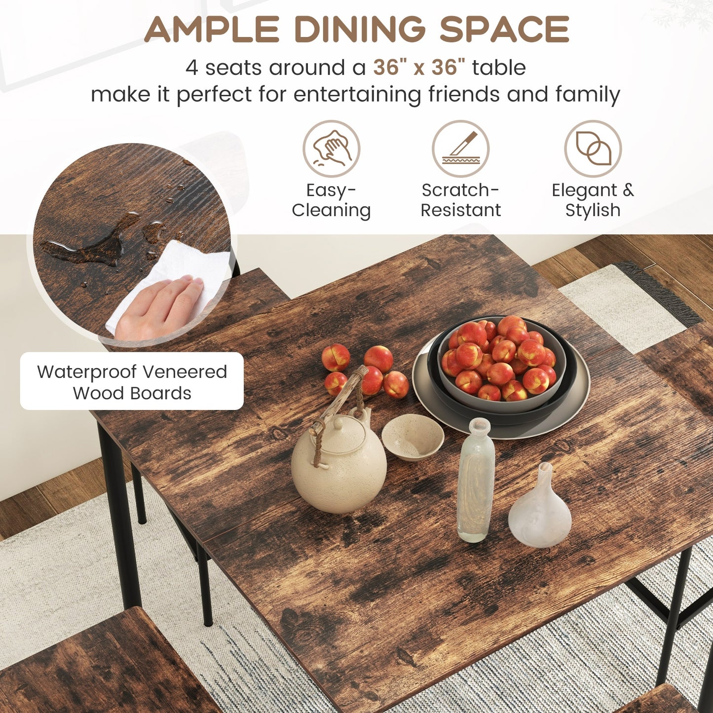 5 Pieces Industrial Dining Table Set with Counter Height Table and 4 Bar Stools-Coffee, FULLY ASSEMBLED