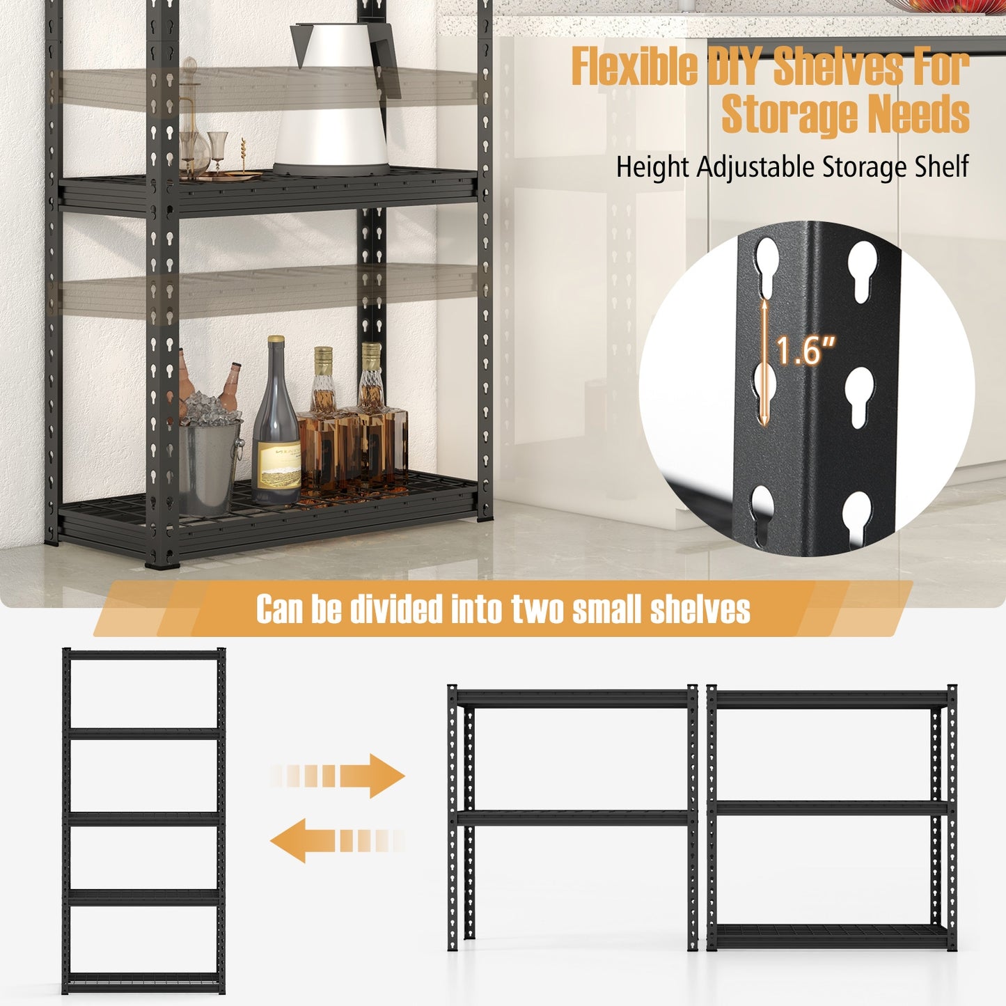 5-Tier Metal Shelving Unit, Height Adjustable Shelves for Garage, Black, Fully Assembled