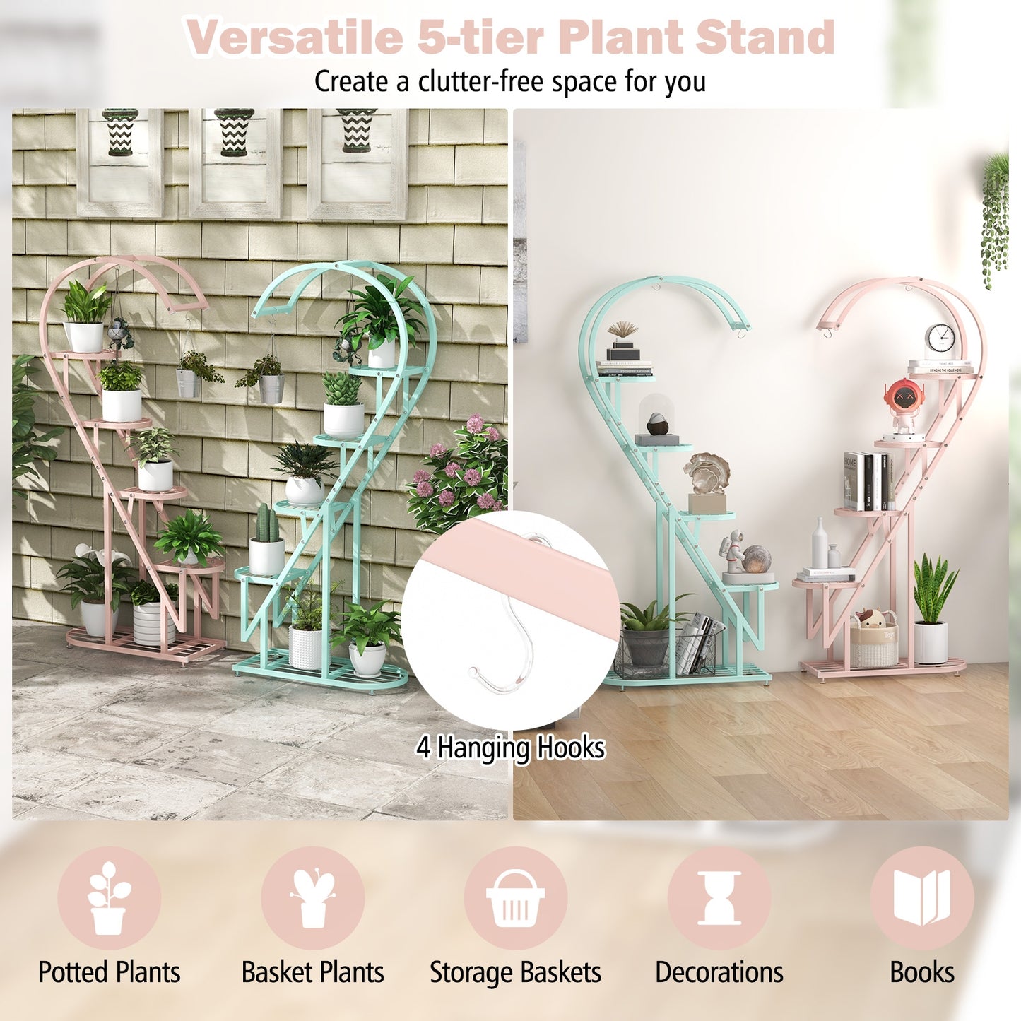 5 Tier Metal Plant Stand with Hanging Hook for Multiple Plants-Pink & Blue - Fully Assembled