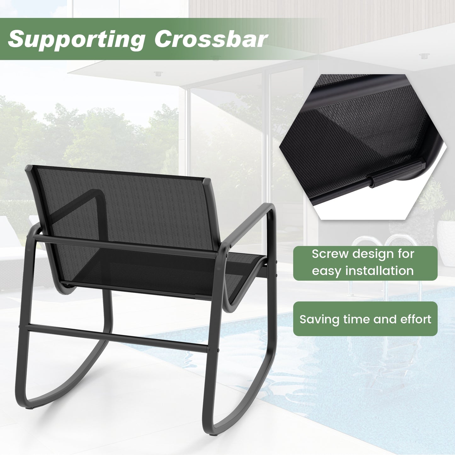 2 Rocking Bistro Chairs and Glass-Top Table -Black, 1 box, unassembled