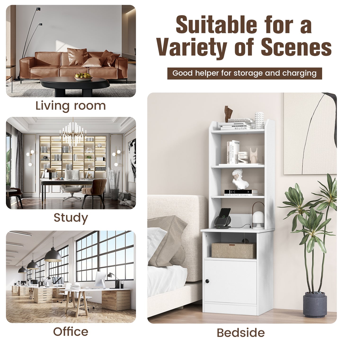 Bedside Tables Tall Nightstands with 5 Open Shelf and Cabinet-White *fully assembled*