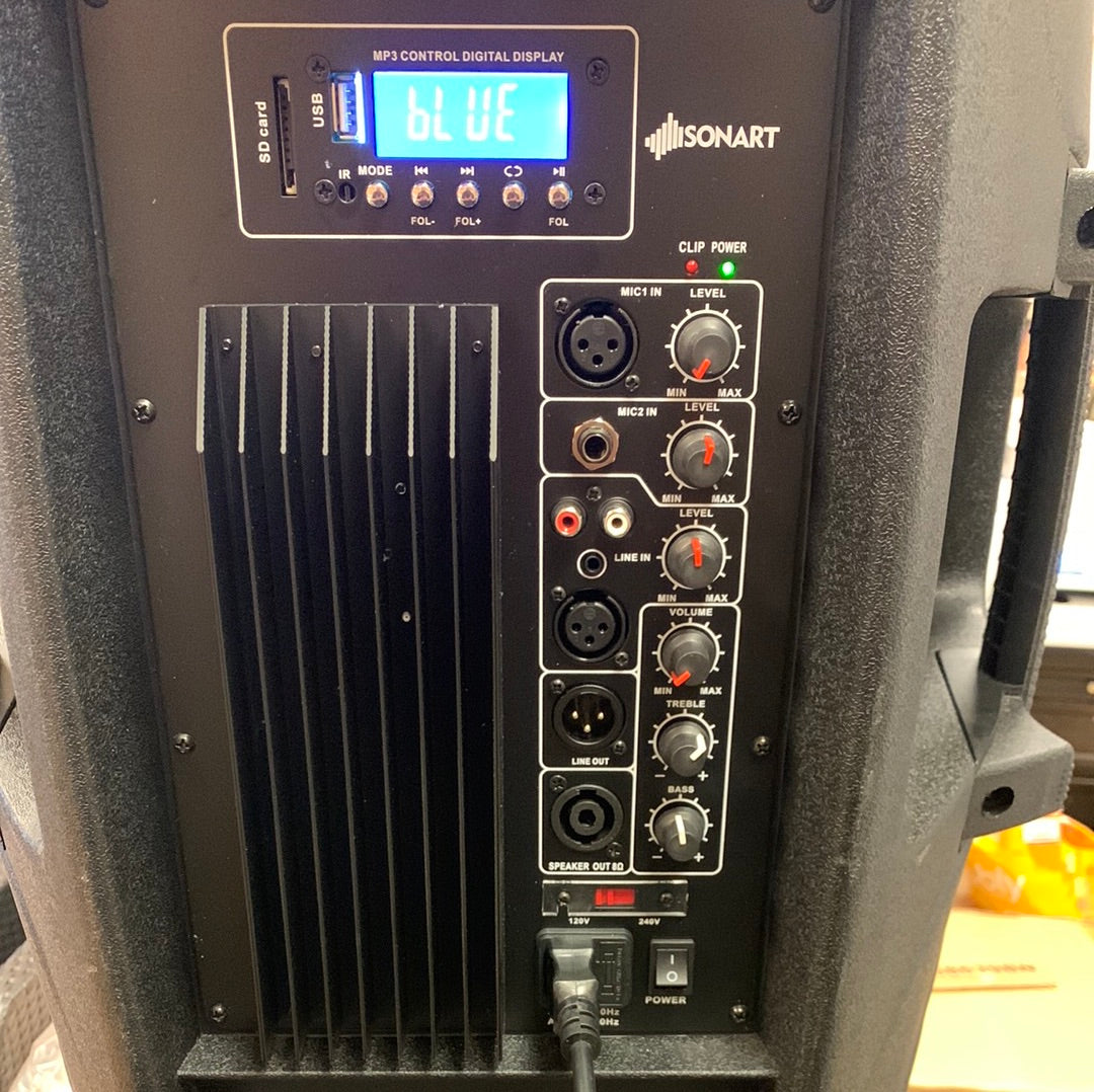 Speaker PA with bluetooth, tuner, usb, sd card input, stand included, 18``x 27``in size